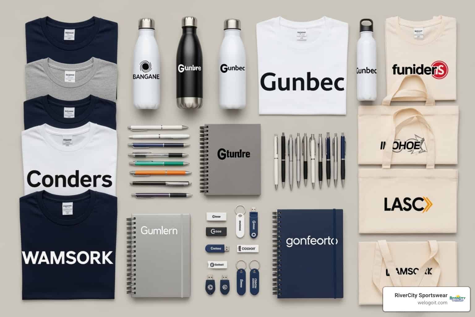 flat-lay showcasing a variety of popular promotional items - promotional marketing products for events Custom branded apparel and promotional merchandise for RiverCity Screenprinting, including t-shirts, reusable water bottles, notebooks, and pens.